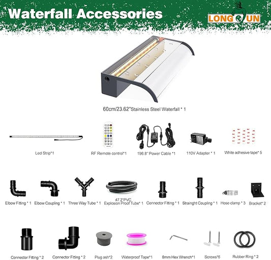 Pool Fountain, LONGRUN Waterfall Spillway for Koi Ponds - 23.6" Transparent Acrylic Waterfall with APP Control & Multi-Color LED Lights for Swimming Pool, Garden Pond, Patios, Spa Decoration