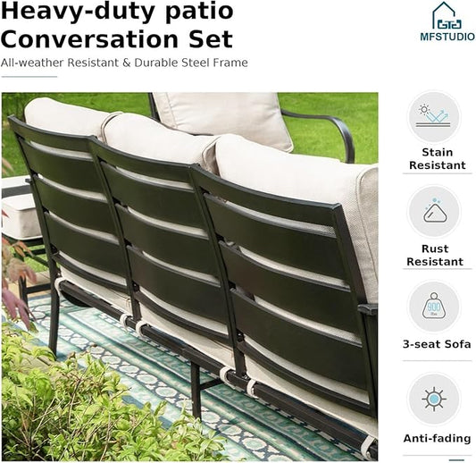 MFSTUDIO 4 Pieces Patio Conversation Sets(5 Seat),Outdoor Metal Furniture Sofas with 1 Loveseat(3 Seat), 2 Rocking Chairs,1 Coffee Table,Wrought Iron with Beige Cushion for Patio Courtyard Balcony
