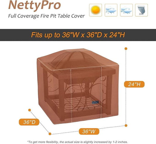NettyPro Fire Pit Cover Square Waterproof Outdoor Firepit Cover for Gas Propane Fire Pit Table, 36 x 36 x 24 inch, Brown