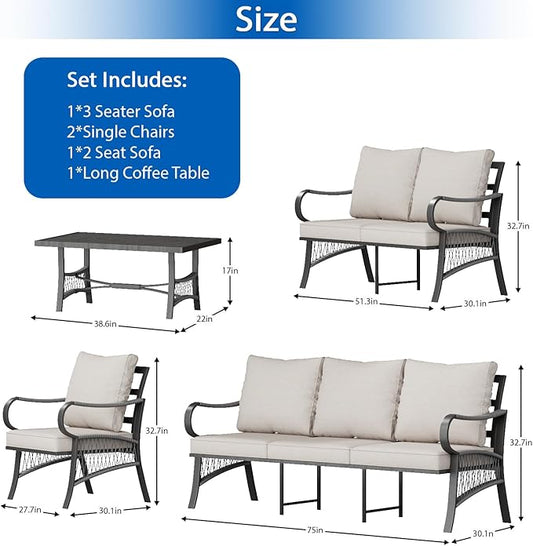 5 Piece Patio Furniture Set, 7 Seat Metal Outdoor Sectional Sofa Set with Thick Cushions, All Weather Patio Conversation Set with Coffee Table for Garden, Porch, Lawn, Beige