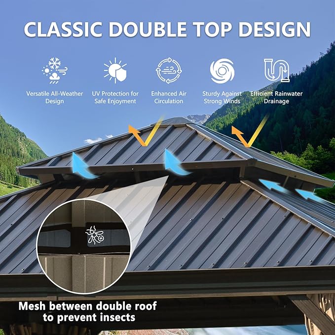 12' x 12' Hardtop Gazebo Outdoor Aluminum Gazebos Grill with Galvanized Steel Double Canopy for Patios Deck Backyard,Curtains&Netting by domi outdoor living
