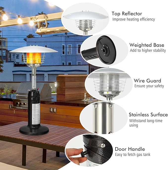 Tangkula Tabletop Propane Patio Heater, 11,000 BTU Portable Outdoor Heater W/Adjustable Flame, Simple Ignition System, Tipping-Over Protection, Ideal for Courtyard, Garden, Patio Restaurant (Black)