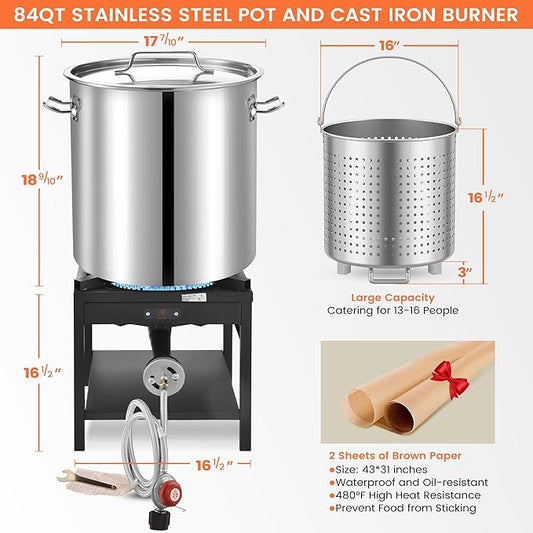ARC 84QT Stainless Steel Seafood Boiling Kit with Strainer and 200,000BTU Propane Stove, Crab Crawfish Boil Pot and Burner for Outdoors Cooking and Steaming, Large Stockpot, Non-Assembly