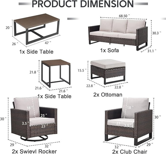9 Piece Wicker Patio Furniture Set - Outdoor Swivel Rocker Chairs Set with Coffee Table, Rattan Chairs, 3 Seat Sofa & Ottomans, Patio Conversation Sets for Bcakyard Deck - Brown/Beige