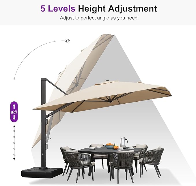 PURPLE LEAF 11 FT Square Patio Cantilever Umbrella Large Outdoor Aluminum Offset Umbrella with 360-degree Rotation for Garden Deck Backyard Pool, Beige