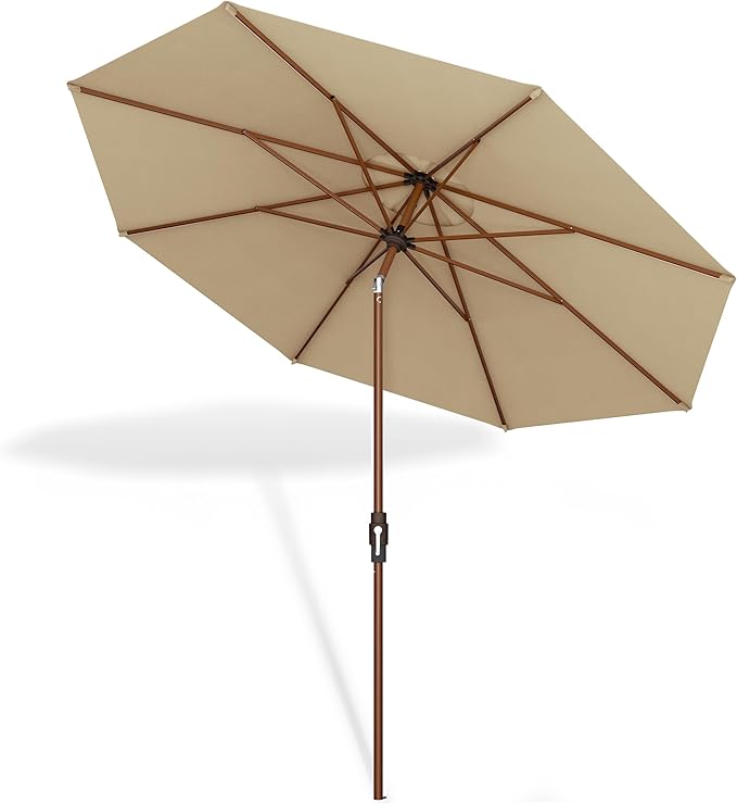 Midtown Umbrellas Sunbrella Umbrella Outdoor Patio Umbrella 2-8 Feet in Heather Tan Acrylic Fabric - Auto-Tilt Aluminum Frame For Backyard Umbrella, Deck Umbrella & Porch Umbrella - Wooden Pole