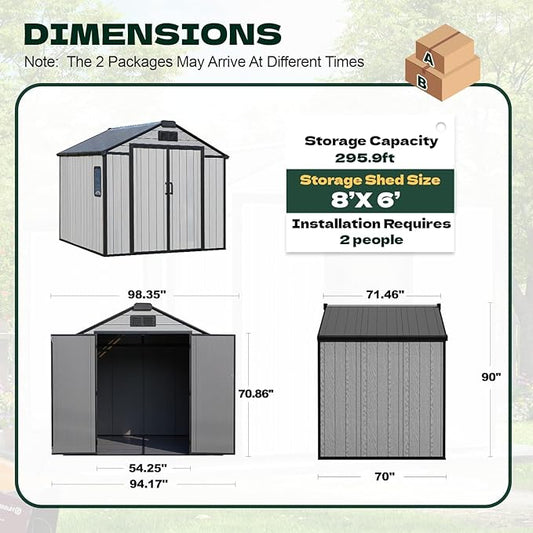 MELLCOM 8 x 6 FT Outdoor Plastic Garden Storage Shed with Floor, Resin Tool Storage Shed with Windows and Lockable Door for Patio, Lawnmower, Pool Supply, Bike