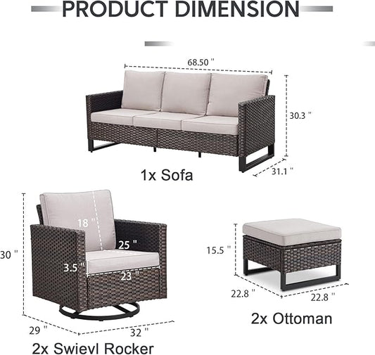 5 Piece Wicker Patio Furniture Set - Outdoor Swivel Rocker Chairs Set with 3 Seat Sofa and Ottomans, Small Patio Conversation Sets Proch Furniture for Balcony Deck - Brown/Beige