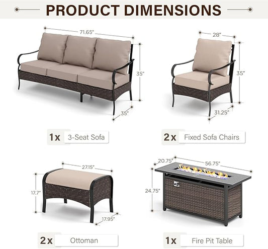 GREEN PARTY Extra Large Outdoor Patio Furniture Set with 56" Fire Pit Table 6 Pieces for 7, Modern Metal Patio Conversation Sets with High Back 3-Seat Sofa, 2 Fixed Chairs, 2 Ottoman, 1 Pit Table