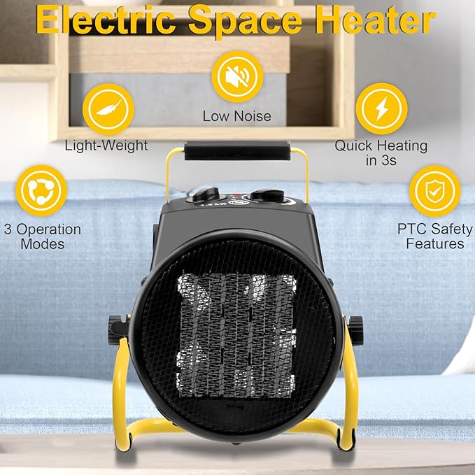 1500W Portable Garage Heater, Electric Outdoor Heater with Fast Heating & Overheat Protection, Patio and Greenhouse Space Heater for Indoor or Outdoor Use(Yellow)