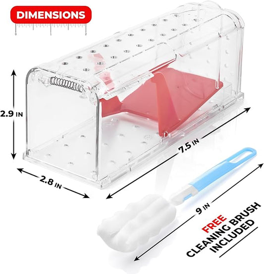 Humane Mouse Trap Pack of 4 - No Kill - Live Mouse Traps Indoor for Home Use - Reusable Rodent Traps for House Indoor, Safe & Effective Rat Trap Outdoor - Humane Mice Control with Cleaning Brush