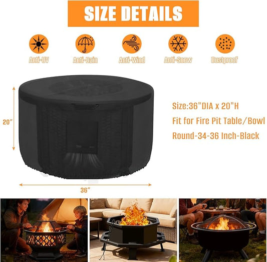 Kovshuiwe Round Gas Fire Pit Cover-600D Fabric Waterproof and Resistant Material,Fits Outdoor for 34-36 Inch Fire Pit/Table Cover, Patio Fire Bowl Cover-36 Dia x 20" H, Black
