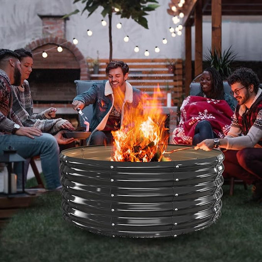 40 Inch Round Galvanized Fire Pit Ring/Fire Ring - Foldable and Perfect for Outdoor Gatherings and Campfires in The Yard/Garden/Park/Beach (Black+Gray, 3.3 FT Diameter+1.5 FT Tall)
