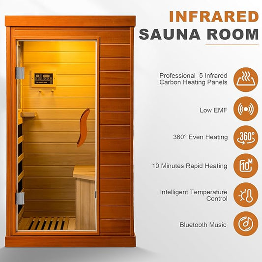 HomeMiYN Far Infrared Wood Sauna Box,Traditional Sauna Room Indoor Home Spa Low-Emf Dry Saunas Single Person Spa Canada Hemlock,Brown