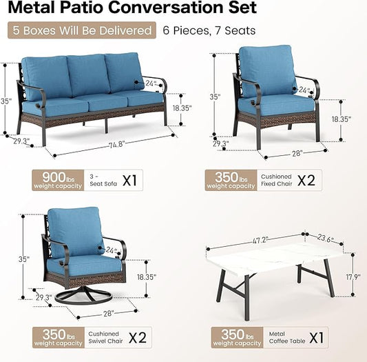 6 Piece Metal Outdoor Patio Furniture Set, Patio Conversation Set with Swivel Chair and 5.75" Thick Cushion & Coffee Tabl, Outdoor Seating Black Frame Backyard Furniture, Denim Blue