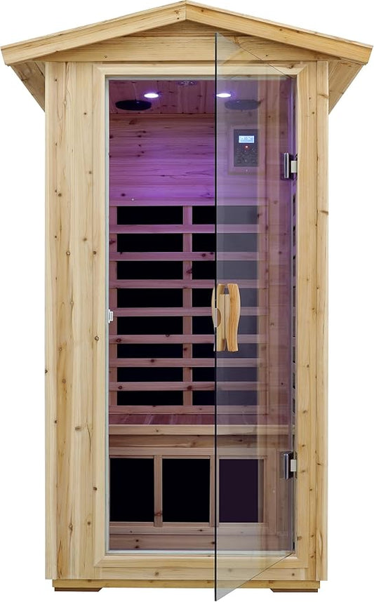 LTCCDSS Garner Outdoor Sauna 1 Person, Far Infrared Sauna, Low EMF Sauna Room for Home, Low EMF Heaters | Chromotherapys | Bluetooth Speakers | Canadian Hemlock | 30In*30In*70.1In
