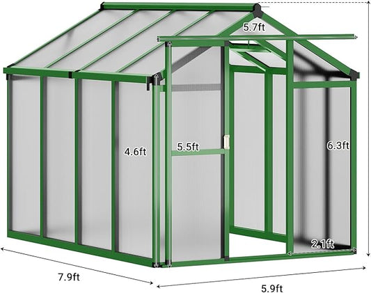 6 X 8 Ft Greenhouse, Greenhouses for Outside, Polycarbonate Greenhouse with Aluminum Frame, Lockable Door and Ajustable Roof Vent for Backyard, Green Houses for Outside Garden Backyard, Patio