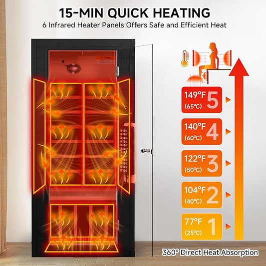 springspa Full Spectrum Infrared Sauna, 1 Person Infrared Saunas with Red Light Therapy for Home, Canadian Hemlock Wooden Indoor Sauna Spa Room with 7 Chromotherapy Lights, Bluetooth Speakers