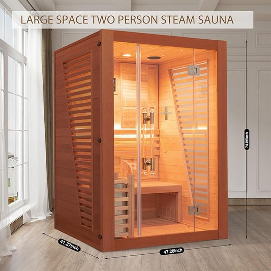 Smartmak Wood Home Steam Sauna, 2 Person Canadian Red Cedar Traditional Luxurious Wooden Indoor Spa Room, with 3.5 kw Heater, Bluetooth Speaker, Rocks, Water Bucket, Spoon, Lights