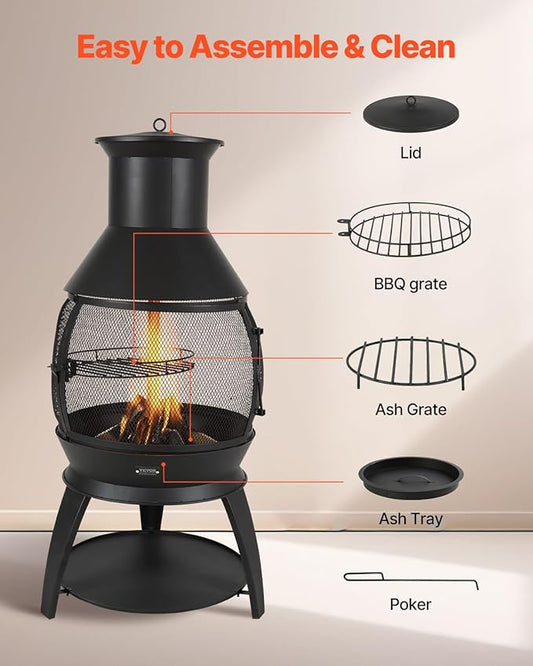 VEVOR Chiminea, 22 Inch Outdoor Wood Burning Firepit, Iron Spherical Fireplace for BBQ & Warming, Wooden Fire Pit with Grill Mesh, Chimney Coat & Rustproof Chiminea Lid, for Patio, Garden, Backyard