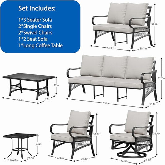 8 Piece Patio Furniture Set, 9 Seat Metal Outdoor Sectional Sofa Set with 2 Swivel Chairs, Patio Conversation Set with Thick Cushions and Coffee Table for Garden, Porch, Lawn, Beige