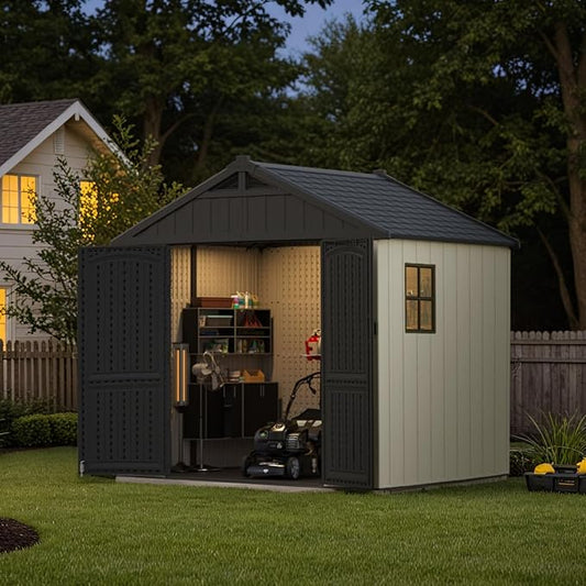 Patiowell 8 x 6 FT Resin Outdoor Storage Shed with Floor, Large Shed with Light and Lockable Door for Garden, Backyard, Tool Storage Use, Easy to Install in Beige (Kick-it Shed)