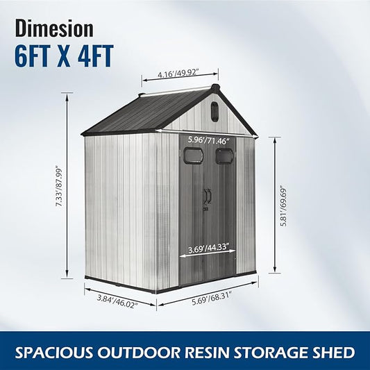 Domi 6x4Ft Resin Outdoor Storage Shed, Small Plastic Garden Shed with Carpet, Outside Weatherproof Storage Building for Tools, Bike, Lawn Mower, Patio, Backyard
