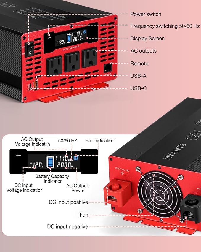 2000W Power Inverter Pure Sine Wave 12V DC to 110V 120V AC Converter, 4000W Peak Power Car Inverter with 3 AC Outlets,2 USB & Type-C,Remote Control LCD Display for Truck, RV, Vehicles, Solar Off-Grid