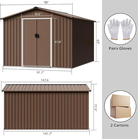 8X12 FT Metal Outdoor Storage Shed, Large Galvanized Steel Garden Tool Shed with Lockable Double Doors & Ventilation - Weatherproof Shelter for Bicycles, Lawn Mowers, Tools in Backyard