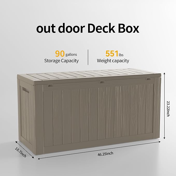 90 Gallon Deck Box Large Outdoor Storage for Patio Furniture,Outdoor Cushions,Garden Tools and Pool Supplies,Waterproof,Resin,Lockable(Grey,90 Gallon)