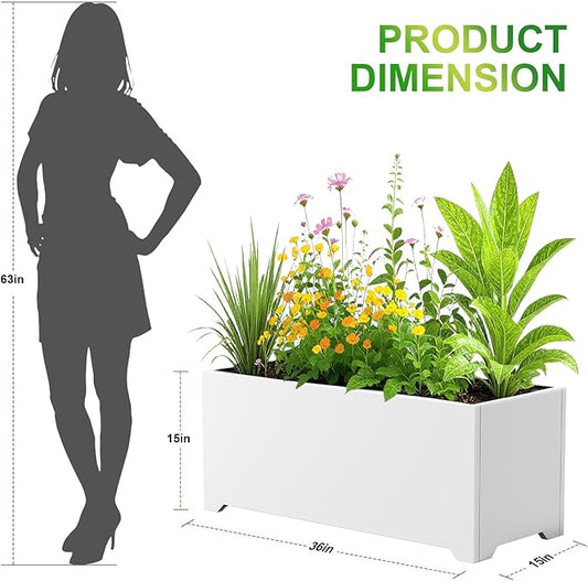 Metal Planter Box 36"L x 15"W x 15"H, Large Outdoor Rectangle Planters with 6 Drainage Holes & Raised Bottom, All-Weather Garden Planter Box for Patio, Lawn, Commercial & Residential, White