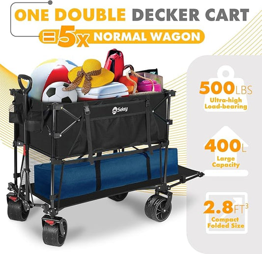400L Large Capacity Folding Double Decker Wagon with Brakes, 48" Extra Long Extender Cart, 500lbs Heavy Duty Collapsible Wagons, All-Terrain Big Wheels for Camping, Sports, Shopping. Black
