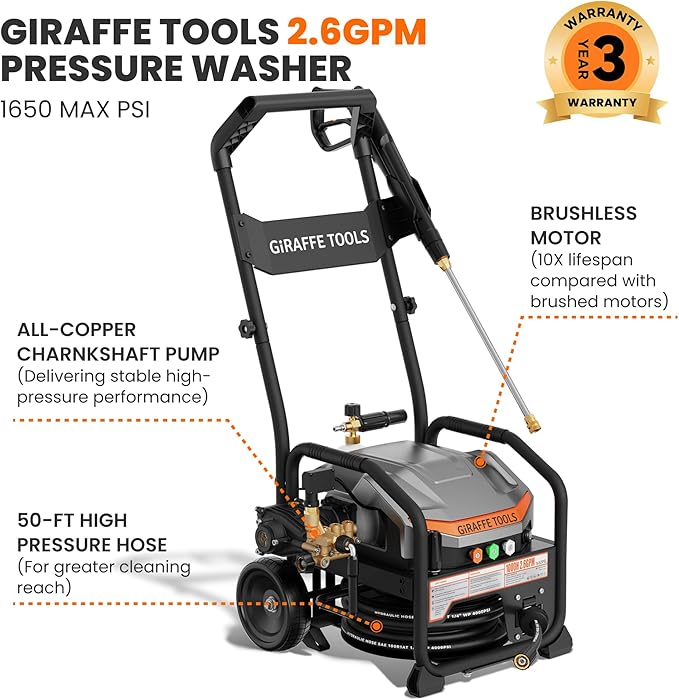 Giraffe Tools Electric UltraFlow Pressure Washer - Mount Versatility (Wall Mounted, Trolley & Freestanding), Electric Power Washer with 1000H All-Copper Pump, Brushless Motor & 60dB Ultra-Quiet