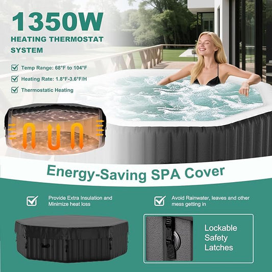 DoCred 4-6 Person Inflatable Hot Tub, 77" X 77" X 25" Octagonal Blow up Portable Hot tub with 130 Bubble Jets, Large Outdoor Spa Bathtub Set Included Heater Pump, Insulated Cover and Filter