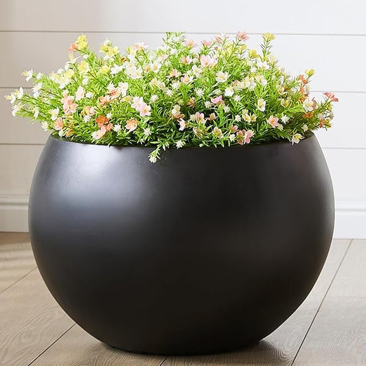 Fiberstone Sphere Planter, Black 19.3" Dia Large Flower Pot with Drainage Hole and Silicone Plug, Round Plant Container for Indoor or Outdoor, 15" Opening-13 H Large