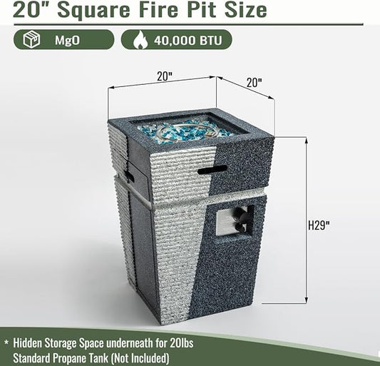 Outdoor Propane Fire Pit Table for Outside Patio, 20 Inch Concrete Fire Pit Table, Column Gas Fire Pit for Garden, Pool, Backyard, 40,000 BTU, Hideaway Tank Holder, Light Gray-Blue