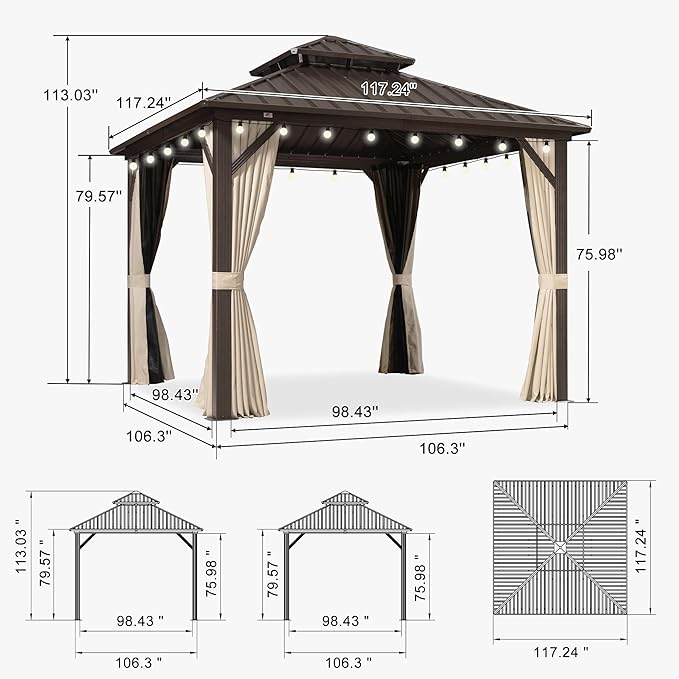PURPLE LEAF 10’ X 10' Hardtop Gazebo Outdoor Gazebos Metal Frame Galvanized Steel Double Roof with Curtains and Nettings for Patio Desk Backyard Bronze