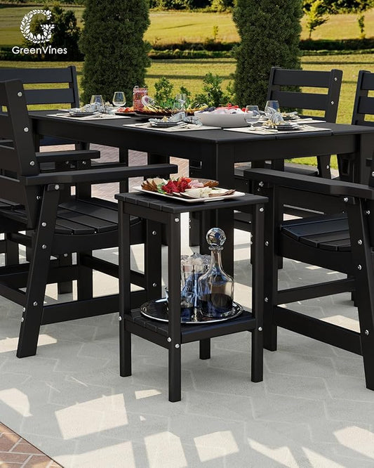 GREENVINES Tall-Outdoor-Side-Table | 23.5" | HDPE Plastic | Patio Adirondack End Tables | All Weather | 2-Tier | Black | for Porch Garden Indoor & Rocking Chairs