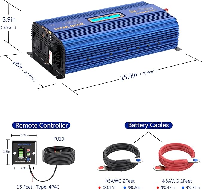 VOLTWORKS 24 Volt 2000W Pure Sine Wave Power Inverter 24V DC to 110V 120V AC and Hardwire Block with LCD Display Remote Controller Compatible with Lithium Battery for Off-Grid Solar RV Car Truck Boat
