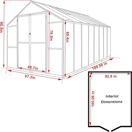 8x16 FT Polycarbonate Aluminum Greenhouse Kit, Outdoor Walk-in Green House with Adjustable Roof Vents and Lockable Door, Backyard Garden in Winter, Gray