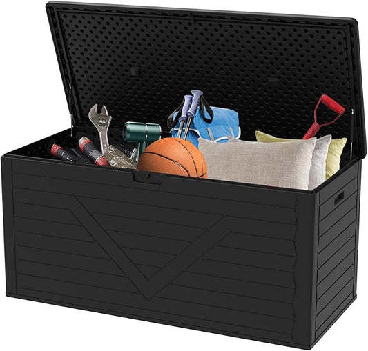 Outdoor Storage Box, 260 Gallon Deck Box Outdoor Storage Bench Outside Waterproof Resin Storage Bench, Lockable Patio Cushions, Garden Tools Storage For Furniture, UV Resistant(Black)