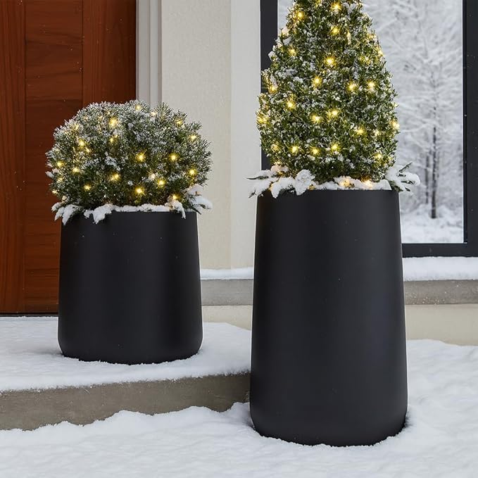 13" H x 12.6" D Conico Fiberstone Round Planter - Christmas Tree Planter, Smooth Finishes, Weather Resistant for Indoor and Outdoor Use, Included 2 Extra Coco Mats (Black, 10" Pot Opening)