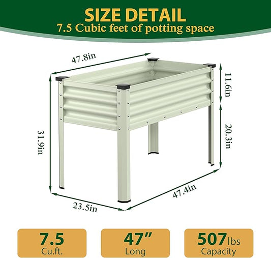 Galvanized Raised Garden Bed with Legs, 48" W x 24" D x 32" H Large Metal Elevated Raised Planter Box with Drainage Gaps for Backyard, Patio, Balcony, 507lbs Capacity, Beige