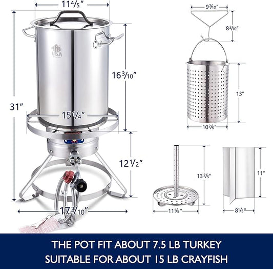 ARC 32QT Stainless Steel Turkey Fryer Pot and Burner Kit,Propane Burners for Outdoor Cooking, Tamale Steamer Pot with basket, and steamer rack. Great for Seafood boil, Crawfish Boil, Home Brewing