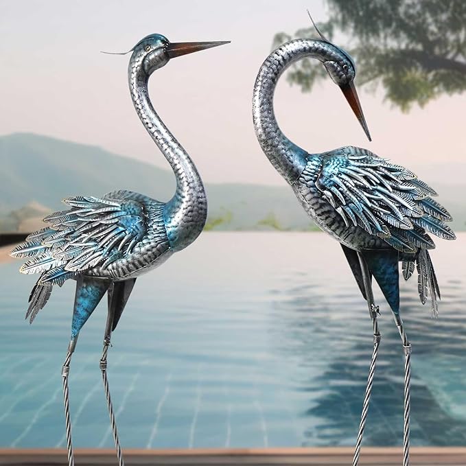 Oritty Outdoor Crane Garden Statues, Blue Heron Garden Statues, Large Metal Cranes for Yard, Lawn, Patio, Pond