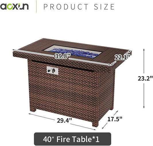 Aoxun 40" Propane Fire Pit 50,000 BTU Outdoor Wicker Fire Table with Wood-grainTabletop Patio Rectangular 2-in-1 Gas Fire Pit Table with Firepit Lid and Waterproof Cover(Brown)