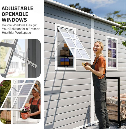CDCASA 4x8 FT Resin Lean to Shed, Waterproof Outdoor Storage Shed with Floor and Adjustable Openable Windows,Outside Plastic Tool Shed for Backyard Garden Patio Lawn