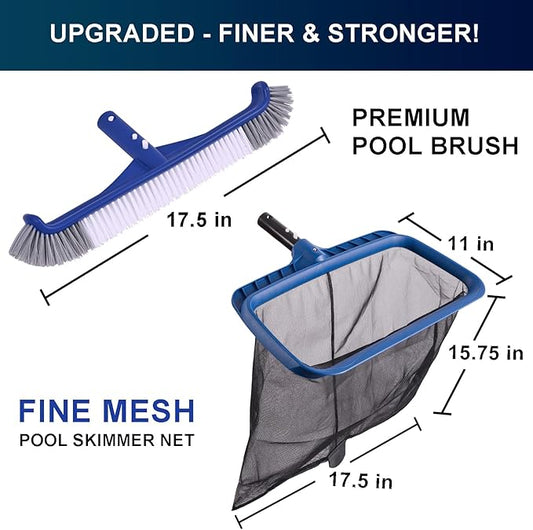 Fine Mesh Pool Net & Brush Head Combo - Sturdy Skimmer with 17.5" Professional Brushes for Pool Wall Cleaning