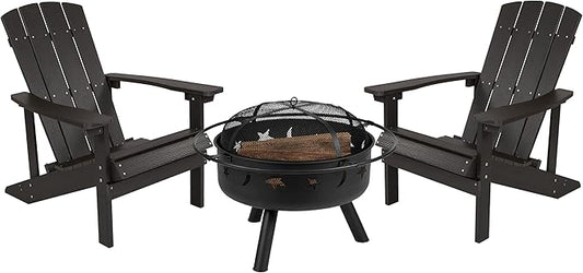 EMMA + OLIVER Campfire Set - Two Slate Poly Resin Adirondack Chairs - 29" Star and Moon Fire Pit with Mesh Cover - Weather Resistant - Wood Burning Fire Pit