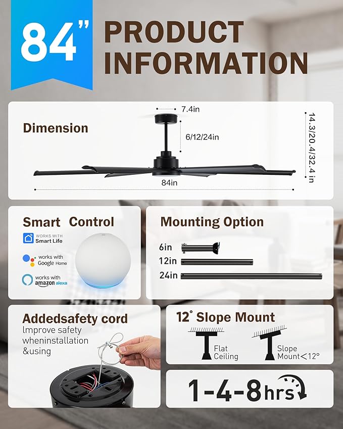 84" Smart Alexa Industrial Ceiling Fans with Light,6 Dual-Layer Aluminum Blades,Large Black Ceiling Fan with 6 Speed Noiseless DC Motor,Indoor/Outdoor Ceiling Fan for Patio